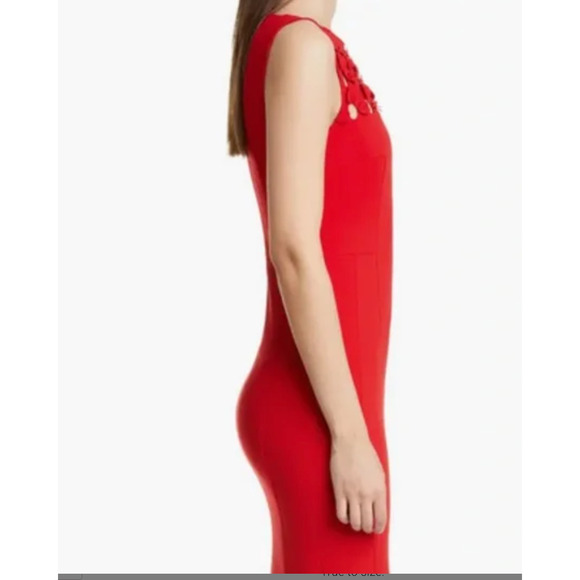 AKRIS Dot Appliqué Ponte Sheath Dress Punto Red Sheath Cocktail Dress 2 NWOT - Picture 4 of 11